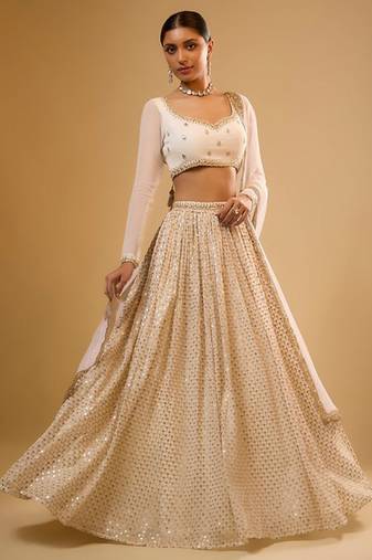 WHITE EMBROIDERED GEORGETTE FLAIRED LEHENGA CHOLI WITH DUPATTA