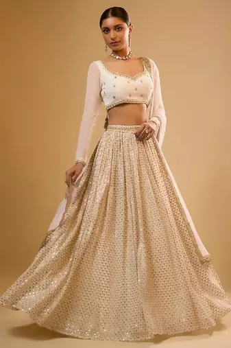 WHITE EMBROIDERED GEORGETTE FLAIRED LEHENGA CHOLI WITH DUPATTA