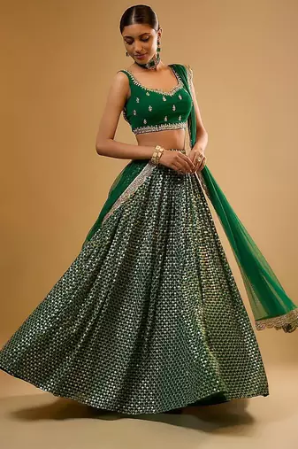 GREEN EMBROIDERED GEORGETTE FLAIRED LEHENGA CHOLI WITH DUPATTA