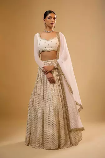 WHITE EMBROIDERED GEORGETTE FLAIRED LEHENGA CHOLI WITH DUPATTA