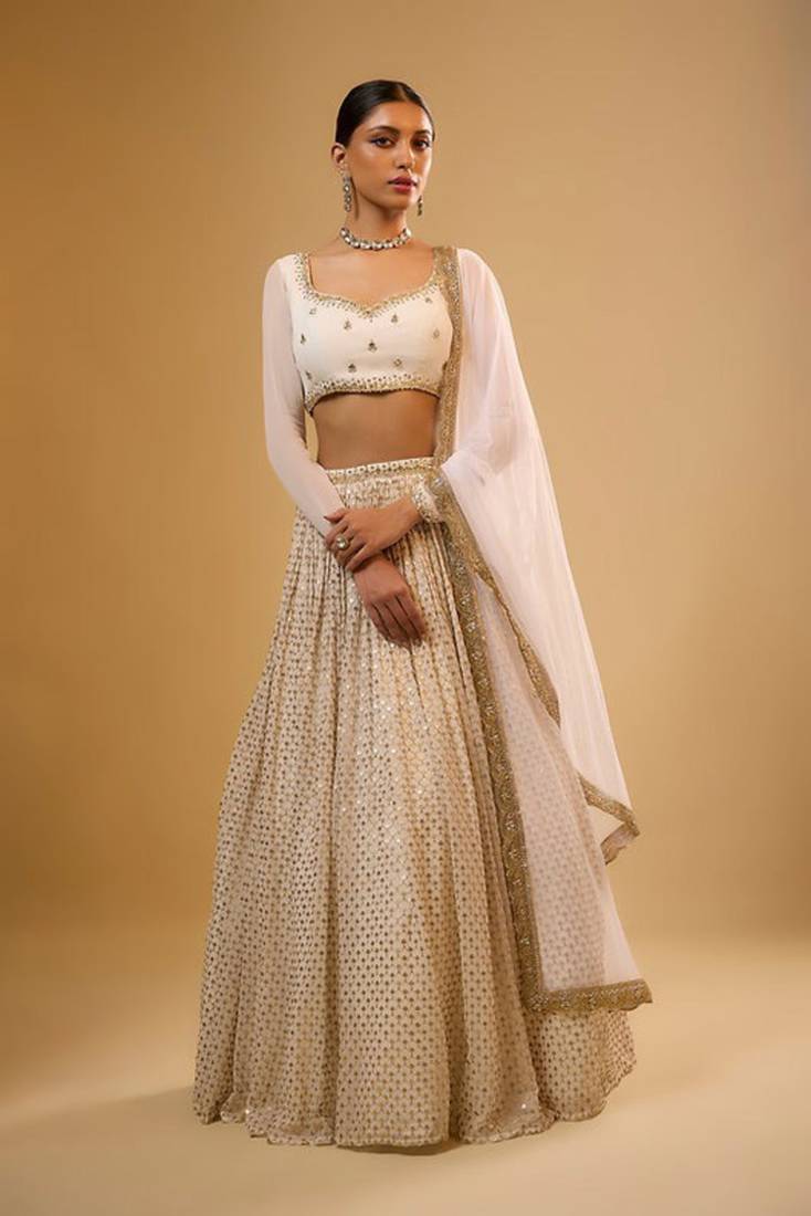 WHITE EMBROIDERED GEORGETTE FLAIRED LEHENGA CHOLI WITH DUPATTA