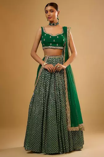 GREEN EMBROIDERED GEORGETTE FLAIRED LEHENGA CHOLI WITH DUPATTA