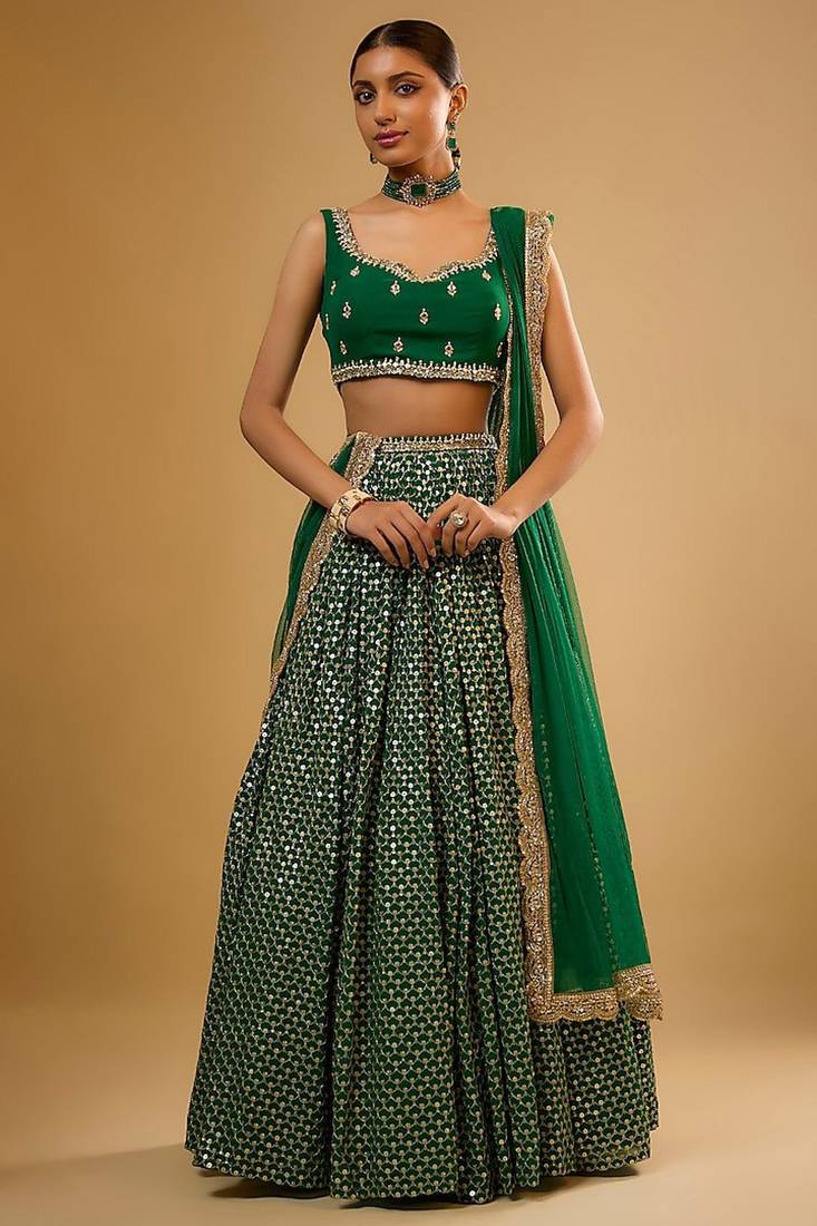 GREEN EMBROIDERED GEORGETTE FLAIRED LEHENGA CHOLI WITH DUPATTA