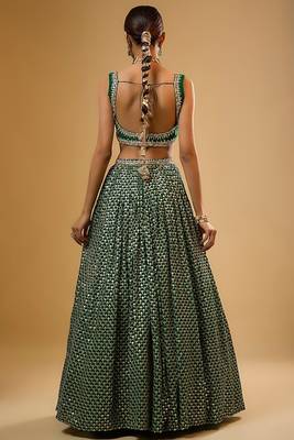 GREEN EMBROIDERED GEORGETTE FLAIRED LEHENGA CHOLI WITH DUPATTA 3