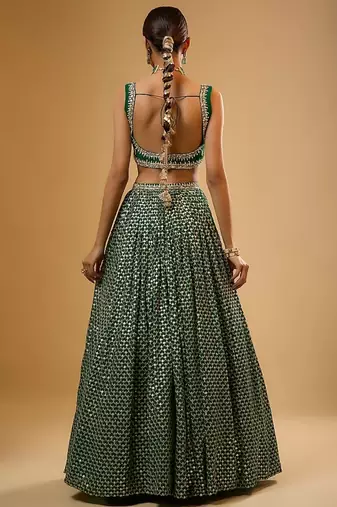 GREEN EMBROIDERED GEORGETTE FLAIRED LEHENGA CHOLI WITH DUPATTA