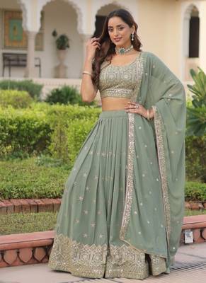 MITSY SEA GREEN EMBROIDERED GEORGETTE BEAUTIFUL LEHENGA CHOLI WITH DUPATTA 2