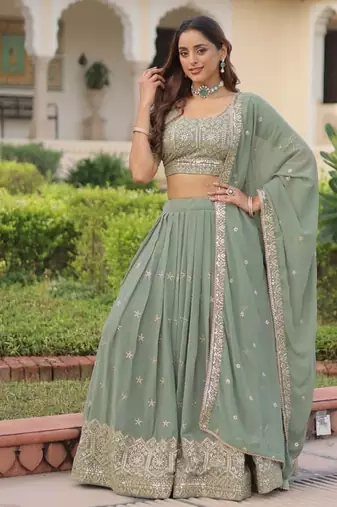 MITSY SEA GREEN EMBROIDERED GEORGETTE BEAUTIFUL LEHENGA CHOLI WITH DUPATTA