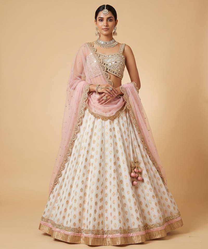WHITE BANARASI viscose LEHENGA CHOLI WITH DUPATTA