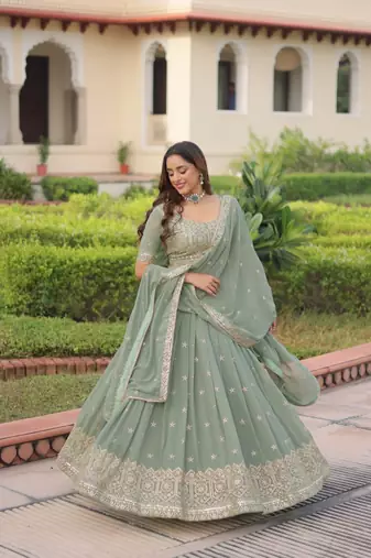 MITSY SEA GREEN EMBROIDERED GEORGETTE BEAUTIFUL LEHENGA CHOLI WITH DUPATTA