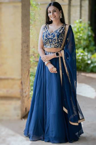 BLUE PLAIN GEORGETTE FLAIRED LEHENGA CHOLI WITH DUPATTA