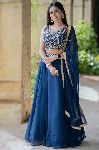 BLUE PLAIN GEORGETTE FLAIRED LEHENGA CHOLI WITH DUPATTA