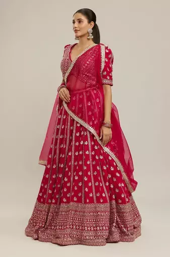PINK EMBROIDERED GEORGETTE GRANDEUR LEHENGA CHOLI WITH DUPATTA