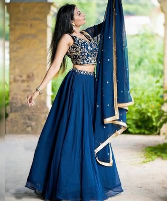 BLUE PLAIN GEORGETTE FLAIRED LEHENGA CHOLI WITH DUPATTA 2