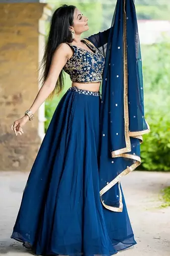 BLUE PLAIN GEORGETTE FLAIRED LEHENGA CHOLI WITH DUPATTA