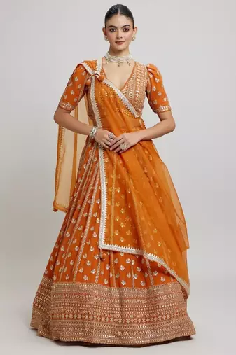 ORANGE EMBROIDERED GEORGETTE GRANDEUR LEHENGA CHOLI WITH DUPATTA