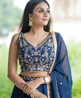 BLUE PLAIN GEORGETTE FLAIRED LEHENGA CHOLI WITH DUPATTA 3