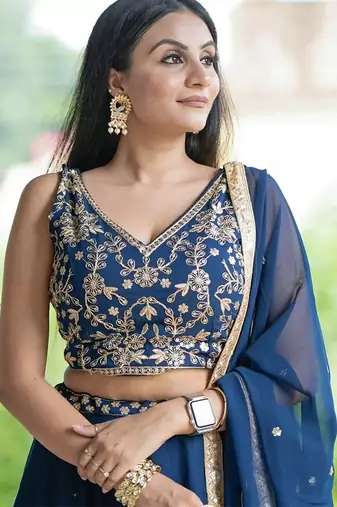 BLUE PLAIN GEORGETTE FLAIRED LEHENGA CHOLI WITH DUPATTA