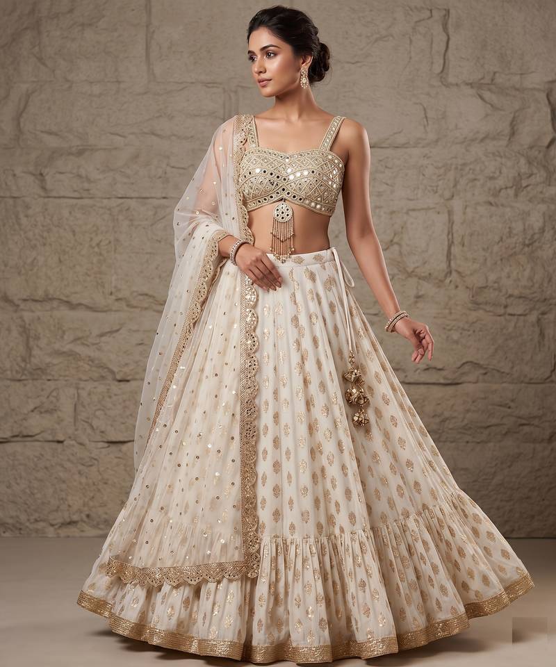 WHITE BANARASI viscose LEHENGA CHOLI WITH DUPATTA