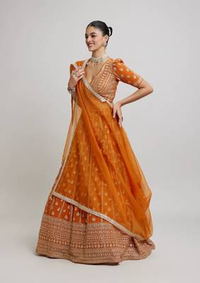 ORANGE EMBROIDERED GEORGETTE GRANDEUR LEHENGA CHOLI WITH DUPATTA 2
