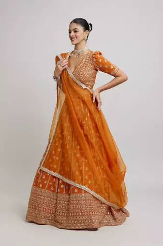 ORANGE EMBROIDERED GEORGETTE GRANDEUR LEHENGA CHOLI WITH DUPATTA