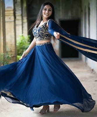BLUE PLAIN GEORGETTE FLAIRED LEHENGA CHOLI WITH DUPATTA 4