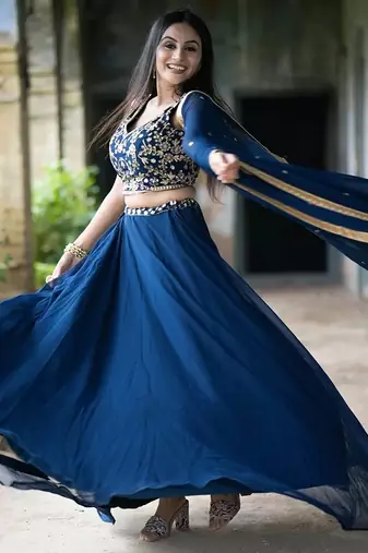 BLUE PLAIN GEORGETTE FLAIRED LEHENGA CHOLI WITH DUPATTA