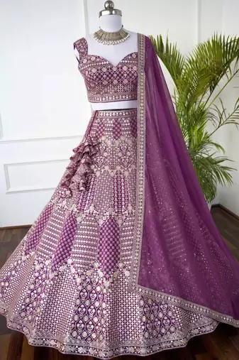 WINE EMBROIDERED GEORGETTE DESIGNER LEHENGA CHOLI WITH DUPATTA