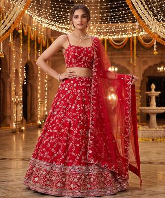 RED EMBROIDERED GEORGETTE FLAIRED LEHENGA CHOLI WITH DUPATTA 3