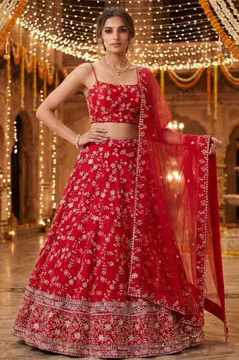 RED EMBROIDERED GEORGETTE FLAIRED LEHENGA CHOLI WITH DUPATTA