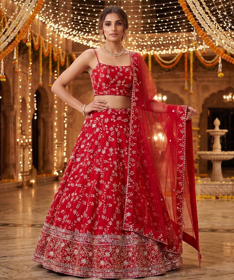 RED EMBROIDERED GEORGETTE FLAIRED LEHENGA CHOLI WITH DUPATTA