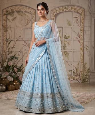 SKYBLUE EMBROIDERED GEORGETTE FLAIRED LEHENGA CHOLI WITH DUPATTA 3