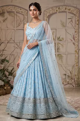 SKYBLUE EMBROIDERED GEORGETTE FLAIRED LEHENGA CHOLI WITH DUPATTA