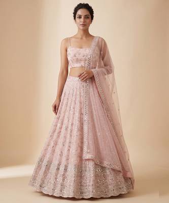 PEACH EMBROIDERED GEORGETTE FLAIRED LEHENGA CHOLI WITH DUPATTA 1