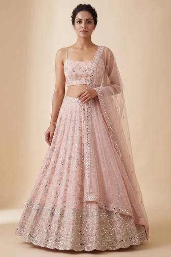 PEACH EMBROIDERED GEORGETTE FLAIRED LEHENGA CHOLI WITH DUPATTA