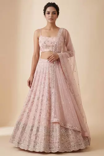 PEACH EMBROIDERED GEORGETTE FLAIRED LEHENGA CHOLI WITH DUPATTA