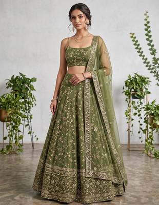 GREEN EMBROIDERED GEORGETTE FLAIRED LEHENGA CHOLI WITH DUPATTA 1