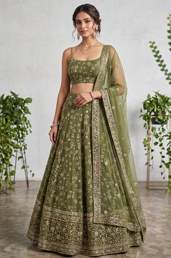 GREEN EMBROIDERED GEORGETTE FLAIRED LEHENGA CHOLI WITH DUPATTA
