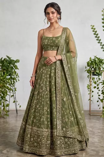 GREEN EMBROIDERED GEORGETTE FLAIRED LEHENGA CHOLI WITH DUPATTA