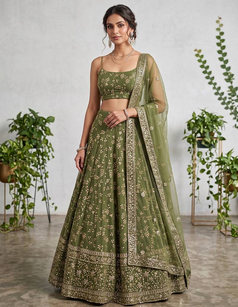 GREEN EMBROIDERED GEORGETTE FLAIRED LEHENGA CHOLI WITH DUPATTA