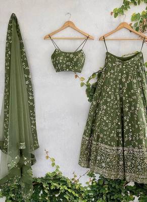 GREEN EMBROIDERED GEORGETTE FLAIRED LEHENGA CHOLI WITH DUPATTA 2