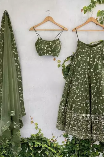 GREEN EMBROIDERED GEORGETTE FLAIRED LEHENGA CHOLI WITH DUPATTA