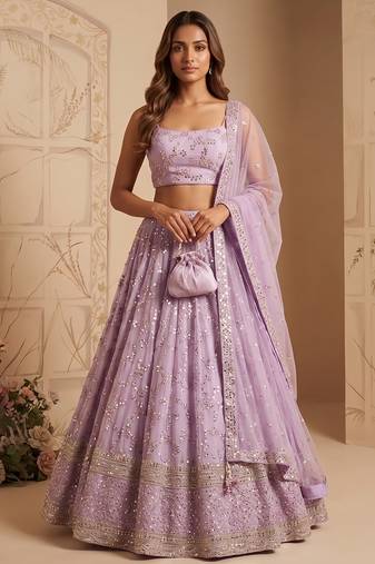 LAVENDER EMBROIDERED GEORGETTE FLAIRED LEHENGA CHOLI WITH DUPATTA