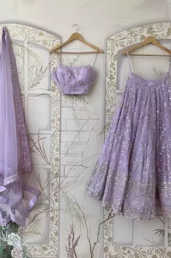 LAVENDER EMBROIDERED GEORGETTE FLAIRED LEHENGA CHOLI WITH DUPATTA