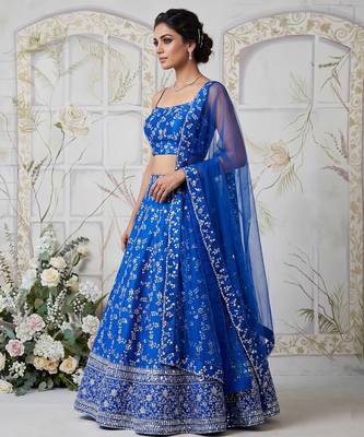 ROYAL BLUE EMBROIDERED GEORGETTE FLAIRED LEHENGA CHOLI WITH DUPATTA 3