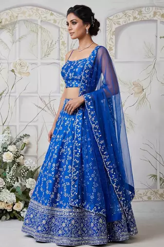 ROYAL BLUE EMBROIDERED GEORGETTE FLAIRED LEHENGA CHOLI WITH DUPATTA