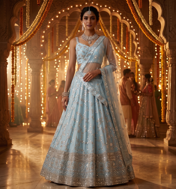 SKYBLUE EMBROIDERED GEORGETTE FLAIRED LEHENGA CHOLI WITH DUPATTA 4