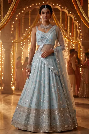 SKYBLUE EMBROIDERED GEORGETTE FLAIRED LEHENGA CHOLI WITH DUPATTA