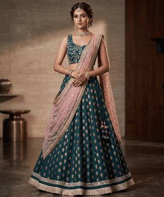 TEAL-BLUE BANARASI viscose LEHENGA CHOLI WITH DUPATTA 4