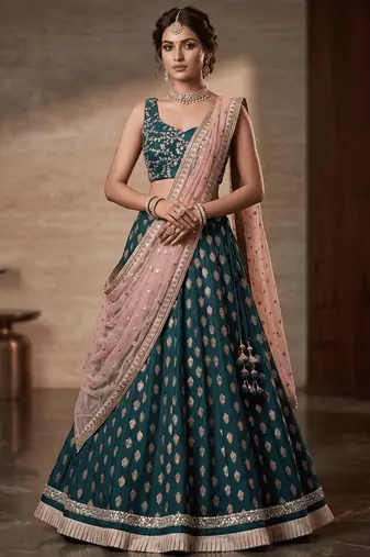 TEAL-BLUE BANARASI viscose LEHENGA CHOLI WITH DUPATTA