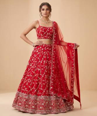 RED EMBROIDERED GEORGETTE FLAIRED LEHENGA CHOLI WITH DUPATTA 4